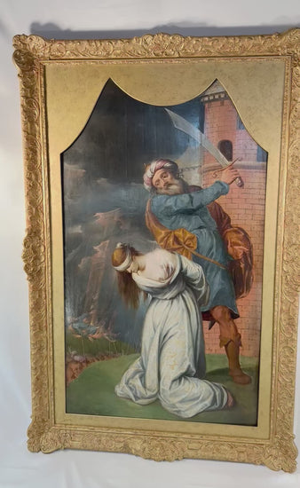 360-degree view of an 18th century Italian School oil painting depicting the Martyrdom of St. Catherine of Alexandria, showing expressive figures, dramatic composition, and ornate gilt frame detail.