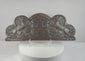 Rotating view of an antique hand-carved oak Bentinck heraldic pediment featuring a cross moline, paired lions, and the motto Craignez Honte