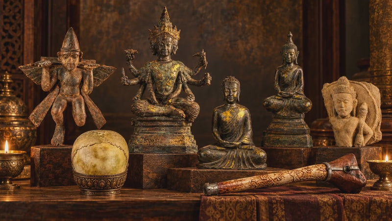Buddhist and Hindu relics including bronze Buddha statues, sacred figures, a Tibetan skull cup and ritual kangling from the Relic & Rarity collection.