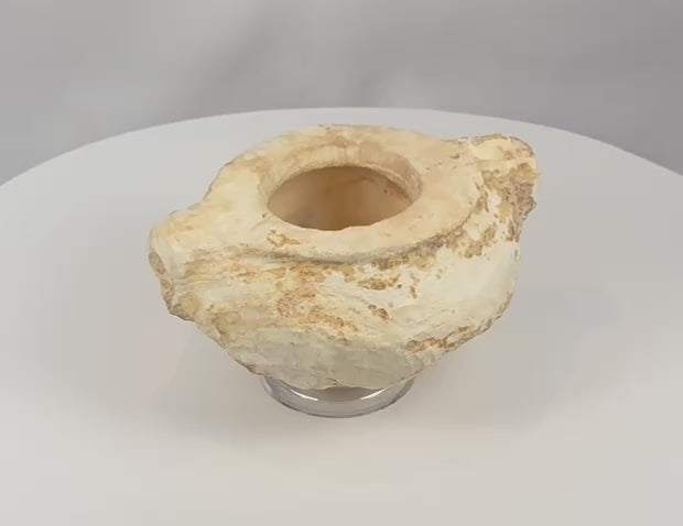 Ancient Middle Eastern carved white stone vessel with opposing lugs, broad rim and heavily weathered archaeological surface