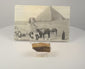 Rotating video of the Great Pyramid limestone fragment and circa 1906–1914 Giza postcard, showing the stone from multiple angles alongside the historic image of the Sphinx and Great Pyramid.
