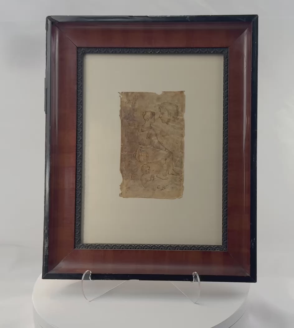 360-degree rotating view of an 18th-century European sepia ink figure study on vellum, depicting a seated female figure, a child's head, and a male profile, preserved within a decorative wooden frame and showcasing the spontaneous character of an artist's working sketch.