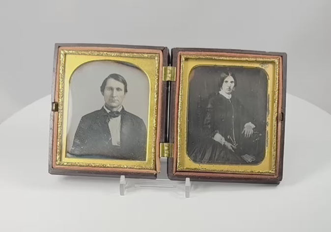 360-degree rotating view of an authentic Victorian husband and wife daguerreotype double portrait in an original thermoplastic Union case, circa 1855–1865.