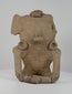 360-degree rotating view of a Pre-Columbian seated terracotta ceramic human figure with a ritual headpiece, sculpted facial features, circular ear ornaments, and bent arms, dating to circa 200–800 CE.