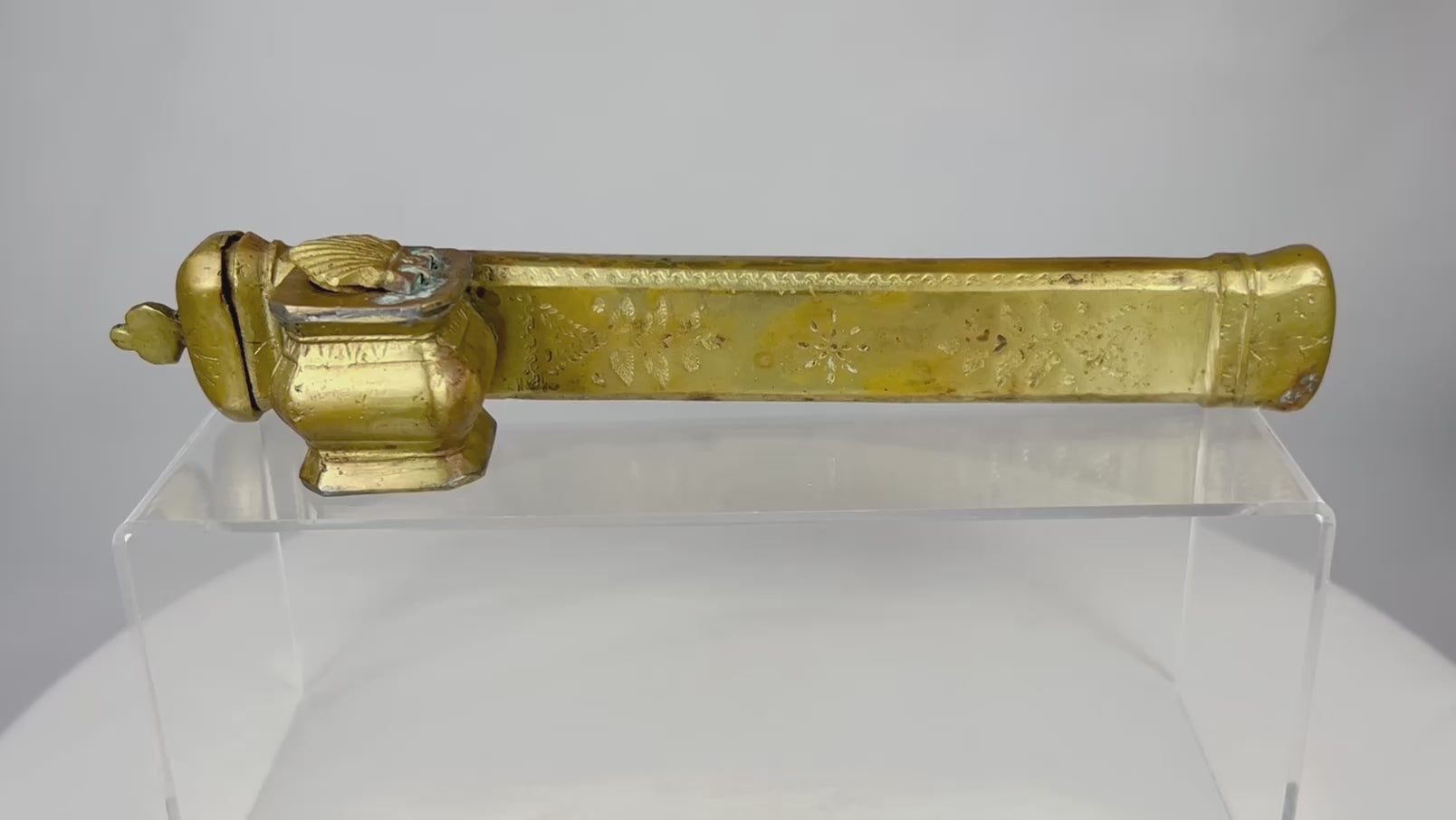 360-degree rotating view of an antique Ottoman bronze divit travelling ink and pen case, 18th–19th century, showing engraved decoration, hinged inkwell, and aged patina