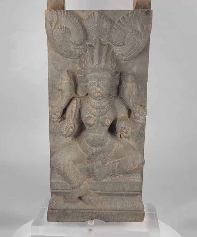 360-degree rotating video of an antique Indian Gajalakshmi architectural wood carving with elephants