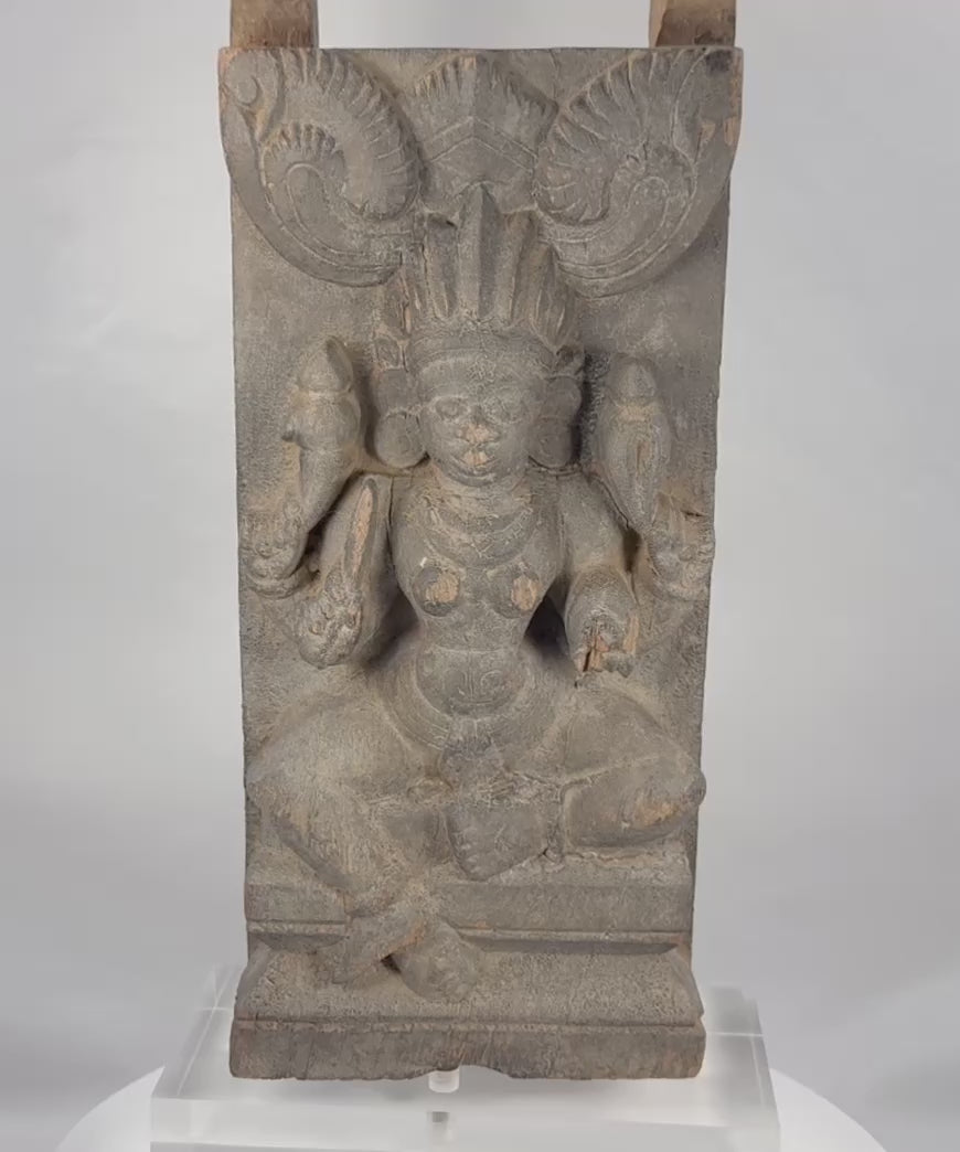 360-degree rotating video of an antique Indian Gajalakshmi architectural wood carving with elephants
