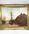 Video of an original 1990 oil painting signed Emily Muse, depicting The Famous Angel public house in Rotherhithe, London, with historic sailing ships, detailed maritime rigging, Thames waterfront buildings, and figures along the wharf. The video showcases the painting's intricate details and ornate gold-toned decorative frame.