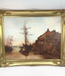 Video of an original 1990 oil painting signed Emily Muse, depicting The Famous Angel public house in Rotherhithe, London, with historic sailing ships, detailed maritime rigging, Thames waterfront buildings, and figures along the wharf. The video showcases the painting's intricate details and ornate gold-toned decorative frame.