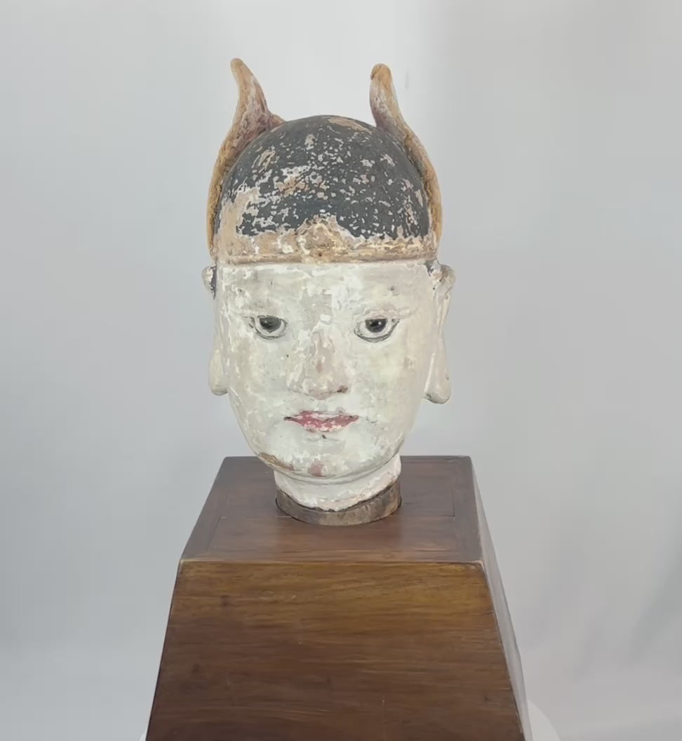 360-degree view of a Chinese painted terracotta bust depicting a court official with traditional ceremonial headdress and traces of mineral pigment and lacquer decoration.