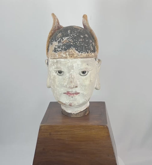 360-degree view of a Chinese painted terracotta bust depicting a court official with traditional ceremonial headdress and traces of mineral pigment and lacquer decoration.