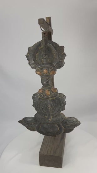 360-degree rotating view of a Japanese gilt bronze vajra-inspired Buddhist temple ornament showing repoussé details, lotus forms, textile backing, and aged patina from the Muromachi–Edo period