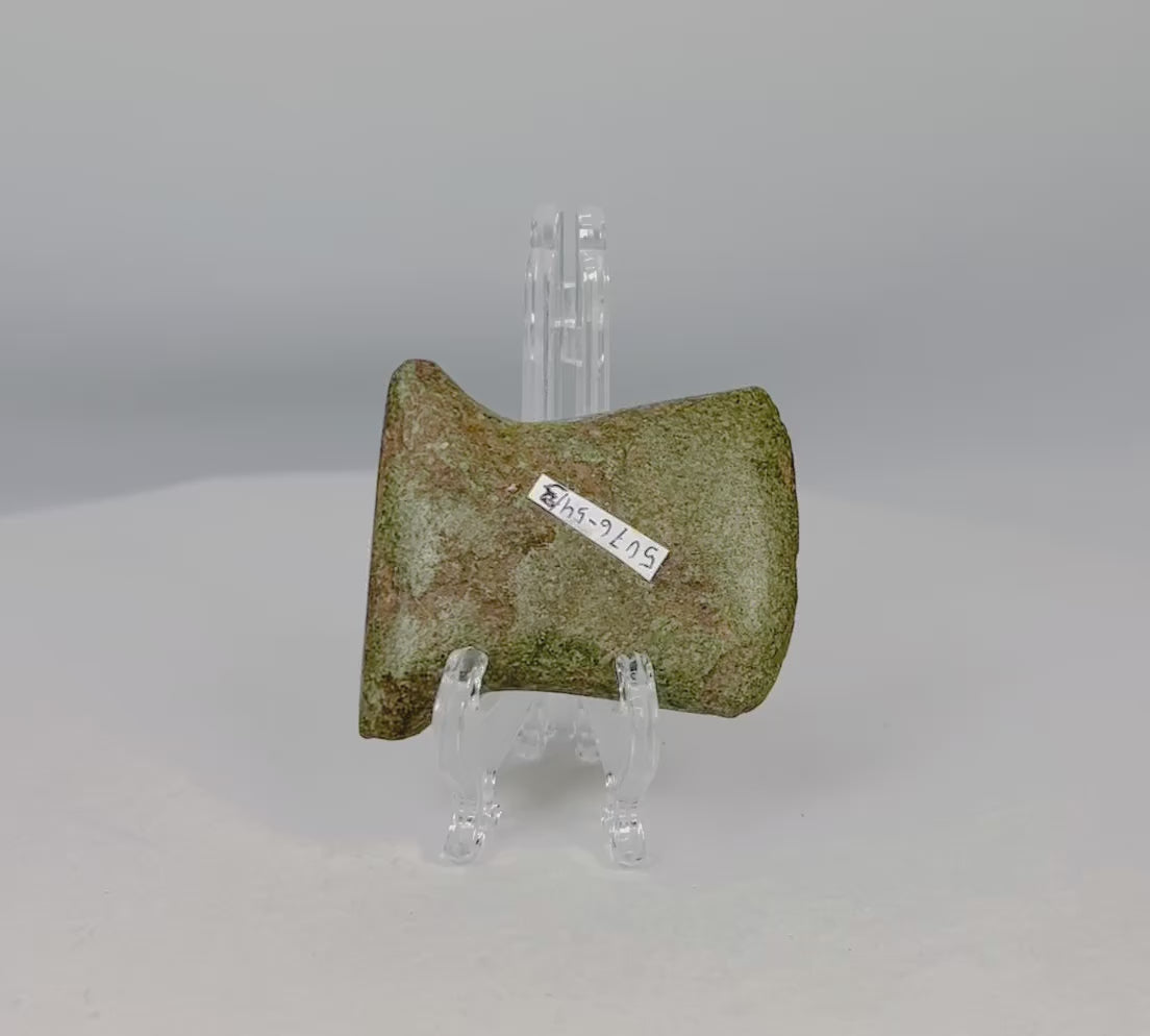 Small Pre-Columbian Andean ground-stone notched axe from Ecuador or Peru, circa 500–1500 CE. Utilitarian tool with steep beveled edge, rounded cutting surface, and side notches for hafting. Evidence of repeated sharpening and use-wear reflects practical daily use in woodworking and agriculture. Original archaeological tag included.