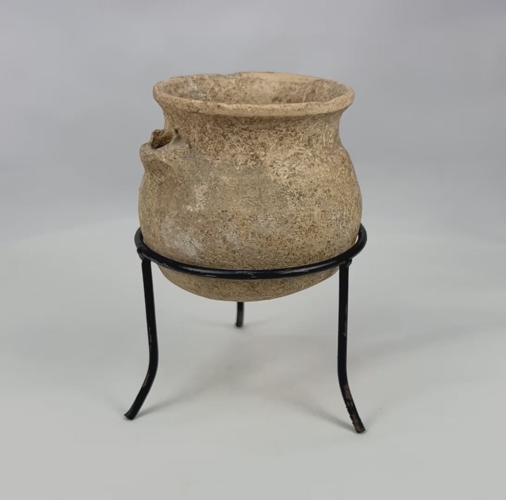 360-degree interactive view of an authentic Roman Imperial terracotta vessel showing pierced side lug, aged patina, mineral deposits, and full rounded body form