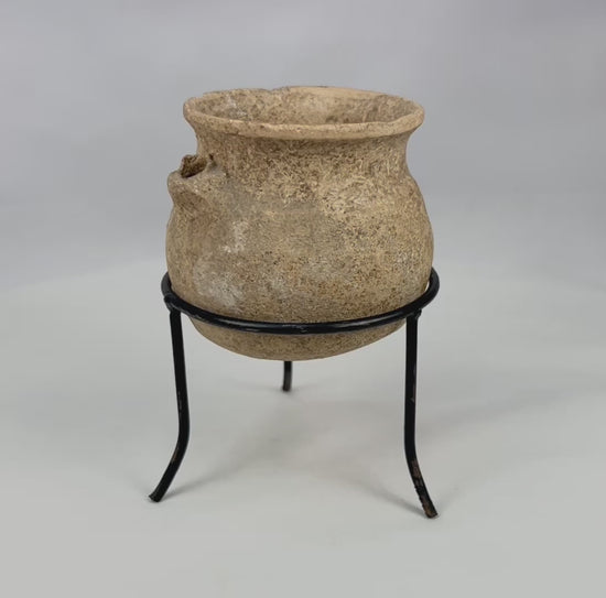 360-degree interactive view of an authentic Roman Imperial terracotta vessel showing pierced side lug, aged patina, mineral deposits, and full rounded body form