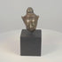 360-degree video of an 18th–19th century Southeast Asian crowned metal Buddha head, showing its serene facial features, aged patina, decorative crown, and black wooden display base