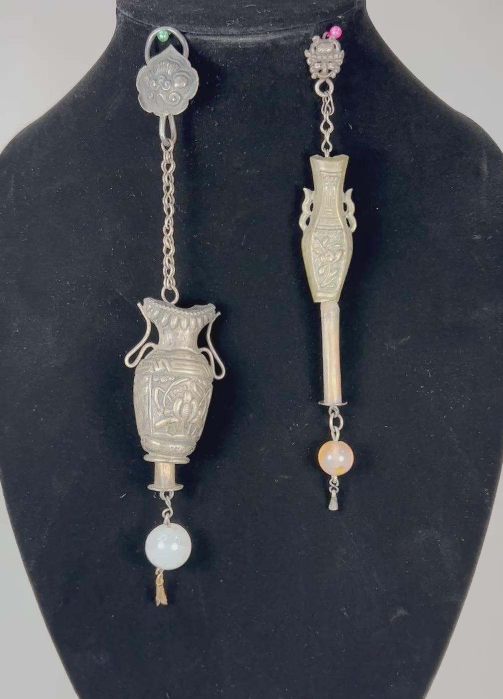 Video showcasing two antique Chinese silver suspended ornaments with jade and agate beads, late Qing Dynasty