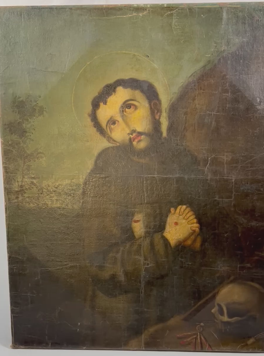 Close-up zoom view of Spanish Colonial oil painting showing Saint Francis details, craquelure, and brushwork