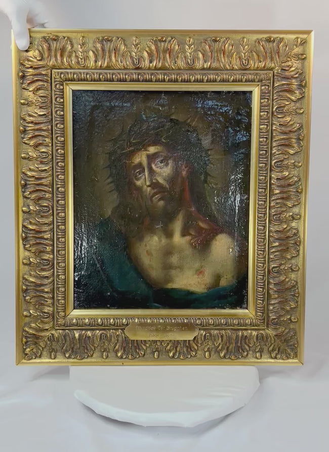 Video of early 17th-century Dutch Caravaggesque Ecce Homo painting depicting Christ crowned with thorns in a richly carved gilded Baroque frame.