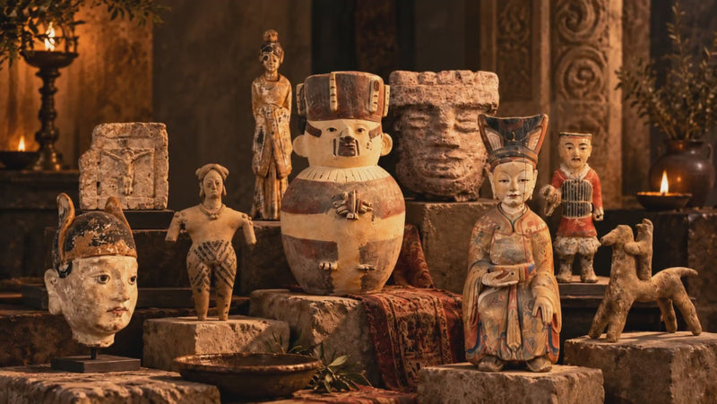 Early civilization artifacts including Pre-Columbian pottery, ancient stone sculpture and Asian figurines displayed in a museum-style setting from the Relic & Rarity collection.
