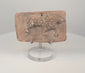 360-degree rotating view of an ancient Indian moulded terracotta feline plaque, showing the raised animal relief, curled tail, suspension hole, aged surface, central crack, and reverse.