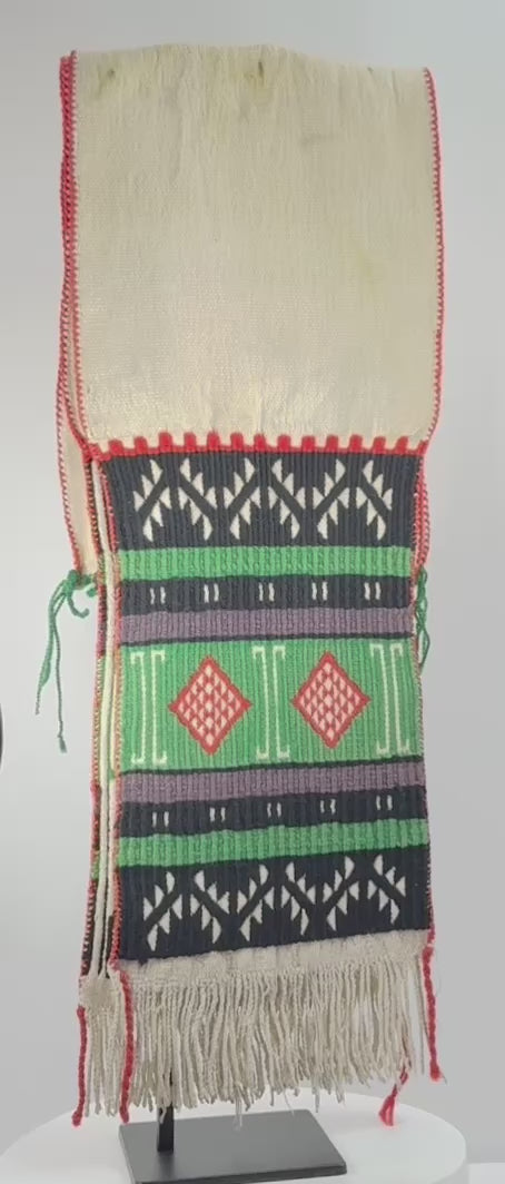 Video showing multiple views and embroidered details of a mid-20th-century Hopi-attributed Kachina ceremonial dance sash