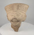 Rotating view of Pre-Columbian Veracruz Sonriente terracotta head showing smiling face, geometric headdress and hollow reverse