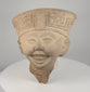 Rotating view of Pre-Columbian Veracruz Sonriente terracotta head showing smiling face, geometric headdress and hollow reverse