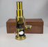 360 degree view of Victorian brass field microscope with mahogany case showing full instrument details and optical components
