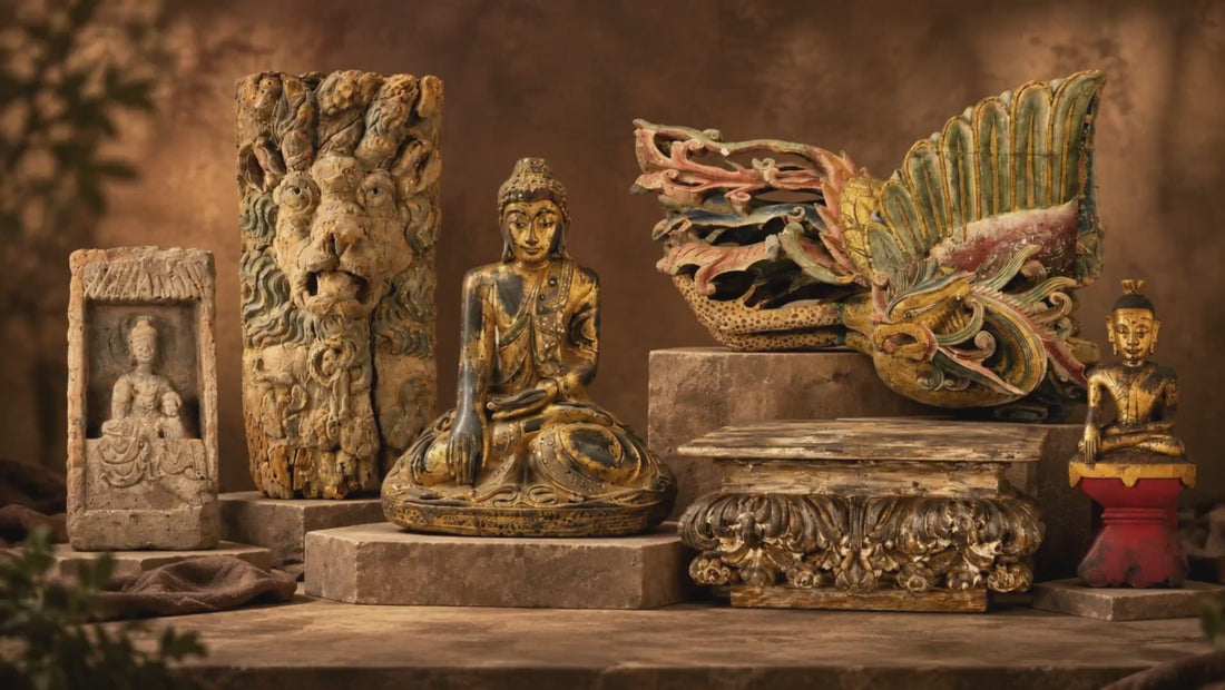 Ancient statues, Buddhist figures, carved wood reliefs and historic sculpture displayed in a museum-style setting from the Relic & Rarity collection.