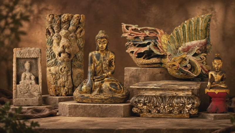 Ancient statues, Buddhist figures, carved wood reliefs and historic sculpture displayed in a museum-style setting from the Relic & Rarity collection.