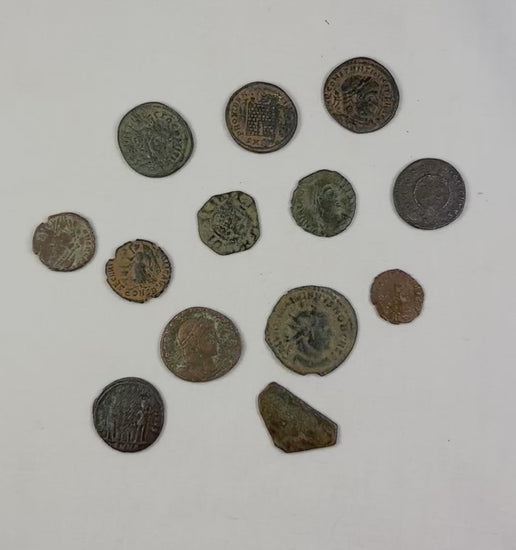 360-degree video of Ancient Roman coin collection showing emperor portraits and obverse details