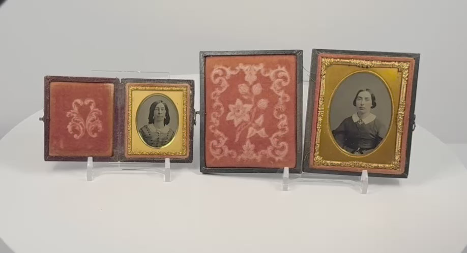Video showcasing a pair of Victorian cased female portraits traditionally identified as mother and daughter, with gilt-brass mats, velvet interiors, and embossed cases