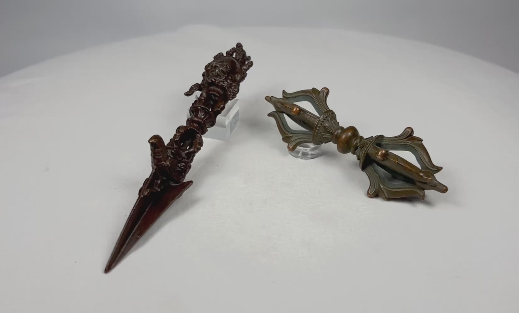 Tibetan bronze phurba ritual dagger and double vajra ritual set