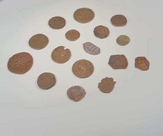 Video of sixteen ancient Roman and Byzantine bronze coins with natural patina and varied detail