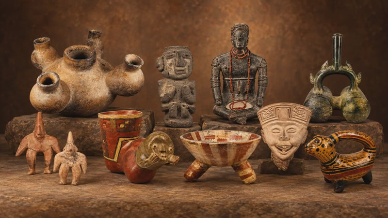 Pre-Columbian artifacts featuring ceramic vessels, stone effigies, terracotta figures and a jaguar vessel from ancient Mesoamerican and Andean cultures. From the Relic & Rarity Collection. 