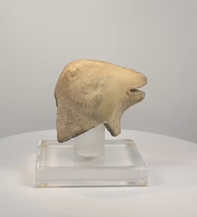 Rotating video of an ancient Mediterranean zoomorphic vessel fragment, attributed as a ram-head rhyton spout, circa 7th–4th century BCE, featuring a projecting muzzle, open mouth, hollow underside, weathered buff-coloured surface, and mineral-like deposits.