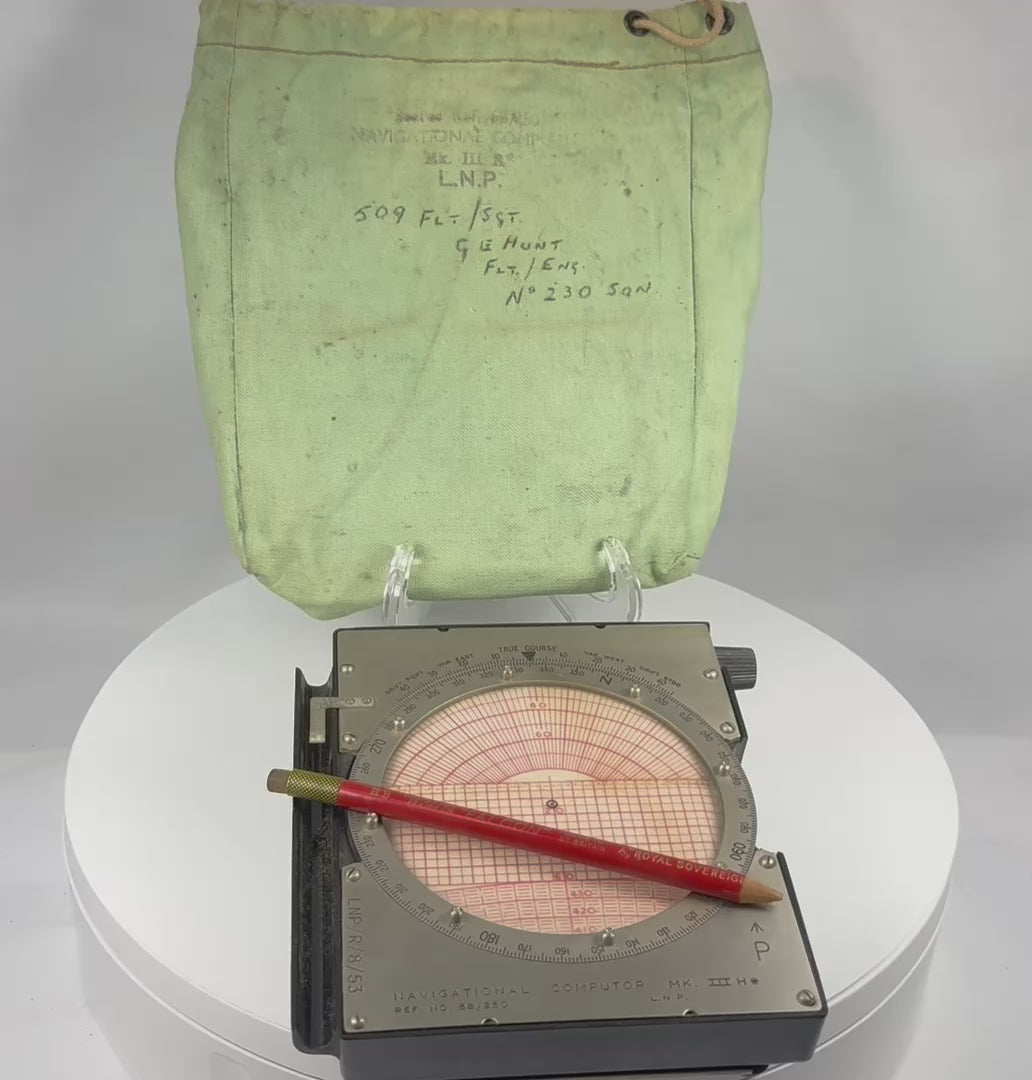 RAF Navigational Computor Mk. III H* with calculation scales, pencil and original No. 230 Squadron canvas pouch