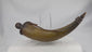 360-degree rotating view of an antique black powder horn from the late 1700s to early 1800s, showing polished horn surface, wooden base plug, strap remnants, and aged patina.