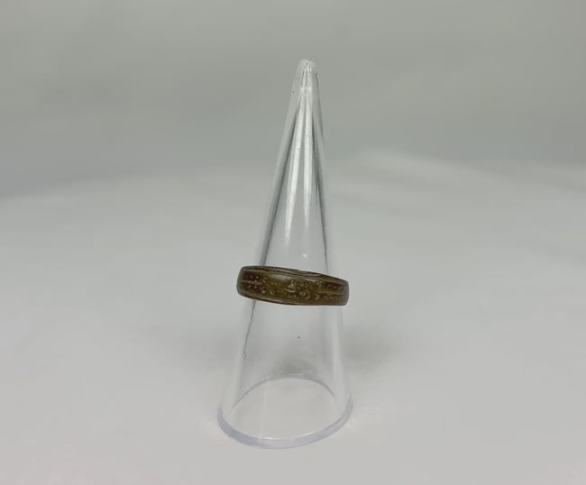 360-degree view of an ancient Roman bronze band ring with engraved sun motif, Imperial Roman period, 1st–4th century CE