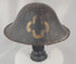 360-degree view of an antique Edo period Japanese jingasa samurai helmet with black lacquer finish, gilt mon crest, broad flared brim, and aged red lacquer interior