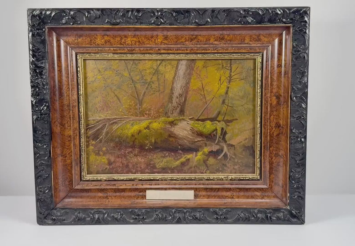 Video showcasing “Overturned Tree Root,” a naturalistic oil painting on panel attributed to Canadian artist Thomas Mower Martin (1838–1934). The artwork features intricate tree root textures, earthy tones, and detailed light and shadow, with provenance from the Robert McLaughlin Gallery collection in Oshawa, Ontario.