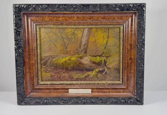 Video showcasing “Overturned Tree Root,” a naturalistic oil painting on panel attributed to Canadian artist Thomas Mower Martin (1838–1934). The artwork features intricate tree root textures, earthy tones, and detailed light and shadow, with provenance from the Robert McLaughlin Gallery collection in Oshawa, Ontario.
