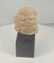 Rotating view of an ancient Mesoamerican terracotta head fragment with heavily lidded eyes, circular ear ornaments, pigment traces, and a weathered archaeological surface