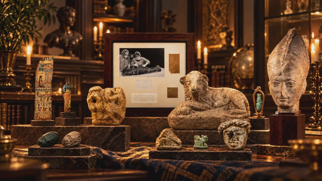 Ancient Egyptian artifacts, mummy-related objects, amulets, coffin fragments and sculpture displayed in a museum-style setting from the Relic & Rarity collection.