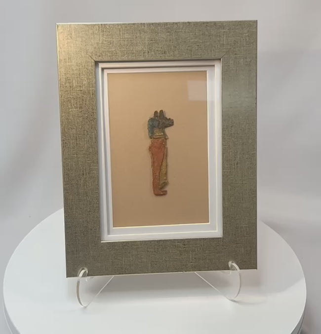 Ancient Egyptian Anubis cartonnage fragment in framed display rotating view showing painted surface and texture