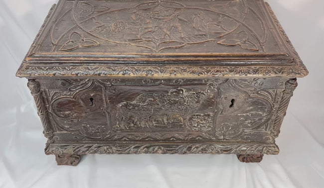 360-degree view of a Renaissance Italian cassone showcasing hand-carved figural panels, foliate motifs, scroll feet, and original patina, circa 1550–1650
