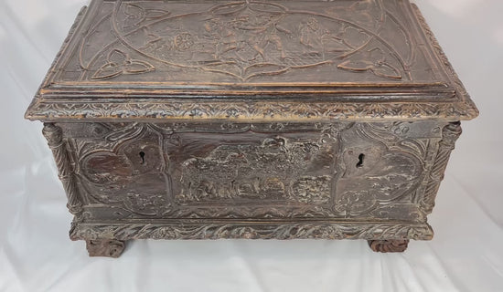 360-degree view of a Renaissance Italian cassone showcasing hand-carved figural panels, foliate motifs, scroll feet, and original patina, circa 1550–1650