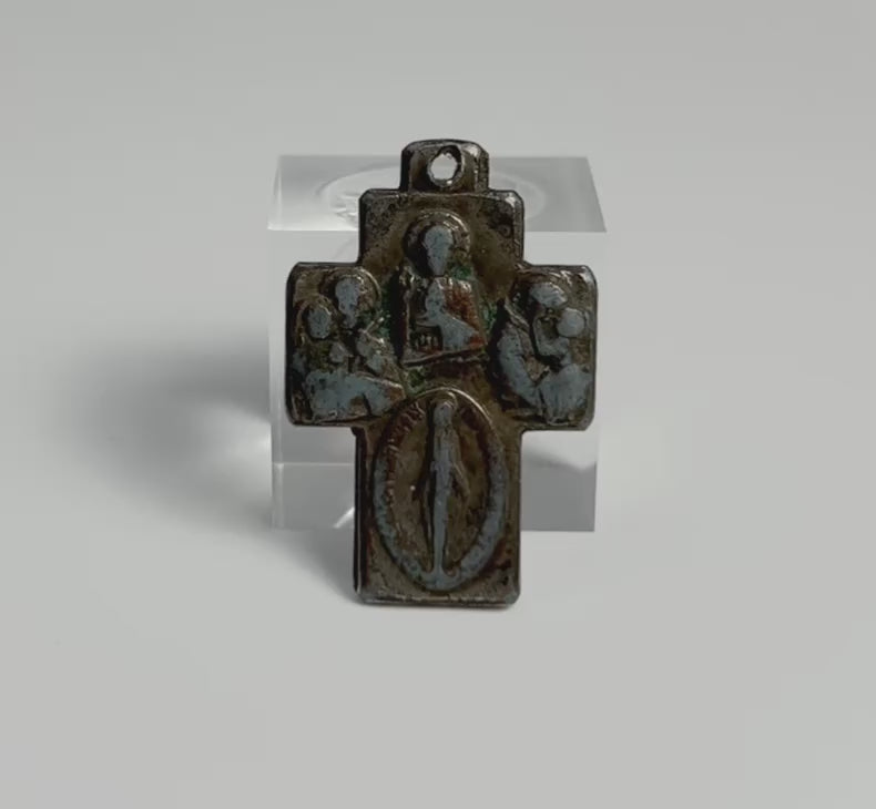 360-degree rotating view of a 19th century bronze Christian cross pendant with Marian devotional imagery and aged patina, recovered near a Nova Scotia maritime wreck site
