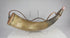 360-degree video of an authentic 19th-century North American antique powder horn showing full body shape, wood plug, leather strap, aged patina, and collection label